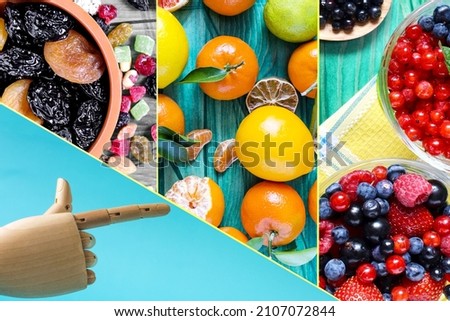 A collection of bright pictures with berries, citrus fruits and dried fruits. Natural foods rich in vitamins and minerals, a color collage hand points to the products.