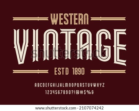 Vintage whiskey and bourbon label style alphabet design with uppercase, numbers and symbols