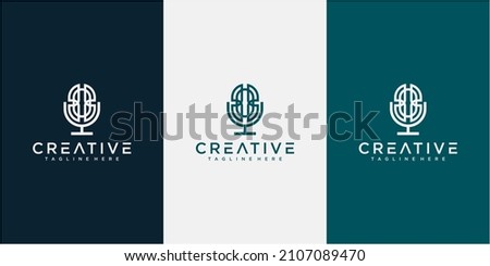 Light Blue Color Line Art Mic Podcast Logo Design. podcast logo design