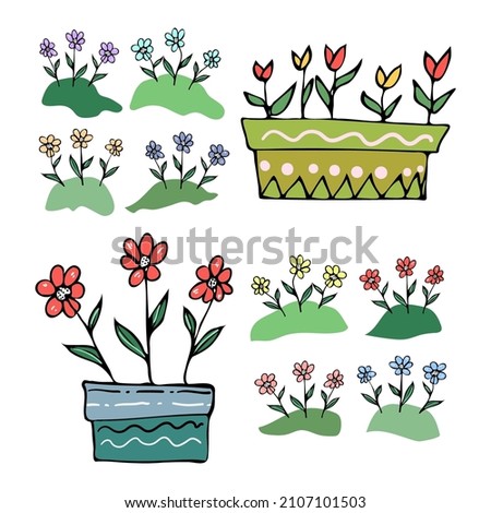 Set of spring leaves and flowers, floral elements