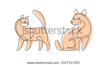 Continuous line drawing set of Pets. Dog and Cat one line illustration. Minimalist Prints vector illustration