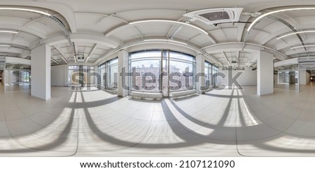 Empty room with repair. full seamless spherical hdri panorama 360 degrees in interior of white room for office or store with huge panoramic windows in equirectangular projection Royalty-Free Stock Photo #2107121090