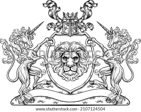 A crest coat of arms family shield seal featuring unicorn horned horses and lion Royalty-Free Stock Photo #2107124504