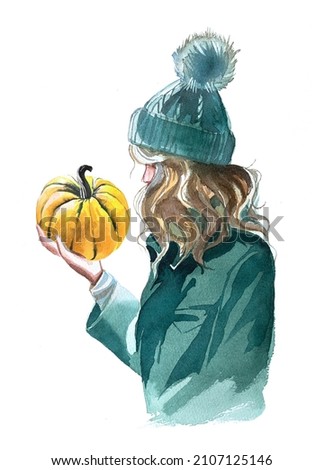 Girl with a pumpkin. Fall themed design. Hello fall illustration with young woman holds a pumpkin. Harvest concept clipart. Thanksgiving and Halloween card, print,poster.