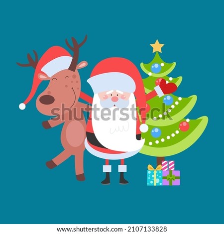 Vector illustration of Cartoon Santa celebrating Christmas with reindeer