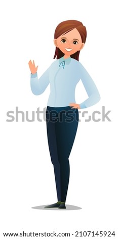 Successful schoolgirl. Cheerful teenagers in standing pose. Girl in white shirt. Cartoon flat design in comic style. Separate character. Illustration isolated on white background. Vector.