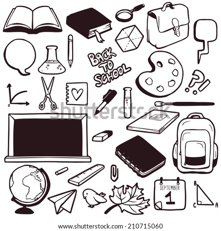 Set of various school elements, hand drawn collection of objects
