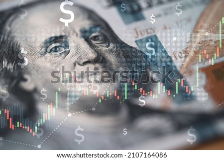 Closeup Benjamin Franklin face on USD banknote with stock market chart graph for currency exchange and global trade forex concept. Royalty-Free Stock Photo #2107164086