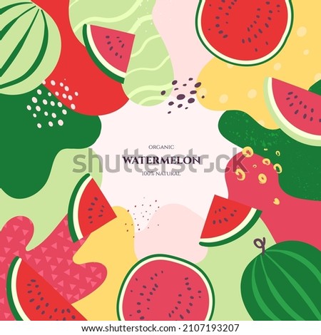 Vector frame with doodle watermelon and abstract elements. Hand drawn illustrations.