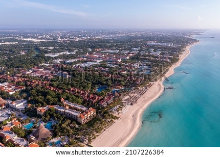 Hotel chain seen from above on beaches of Playa Del Carmen, Quintana Roo, Mexico Royalty-Free Stock Photo #2107226384