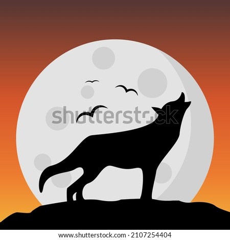 Vector illustration of a wolf roaring at full moon. Against the night sky and flying birds, this design comes alive.