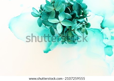 Creative image of emerald and green Hydrangea flowers on artistic ink background. Top view with copy space