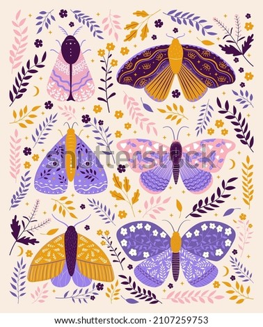Vintage vector butterflies with floral ornament. Folk illustration of mystical moths with flowers, leaves and branches. Abstract insects boho collection
