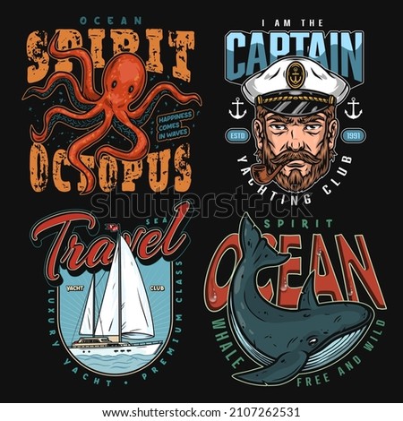 Colorful vintage nautical labels with whale and octopus, ship and sailor head with smoking pipe isolated vector illustration. Emblem for t-shirts