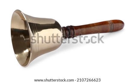 Golden school bell with wooden handle isolated on white Royalty-Free Stock Photo #2107266623