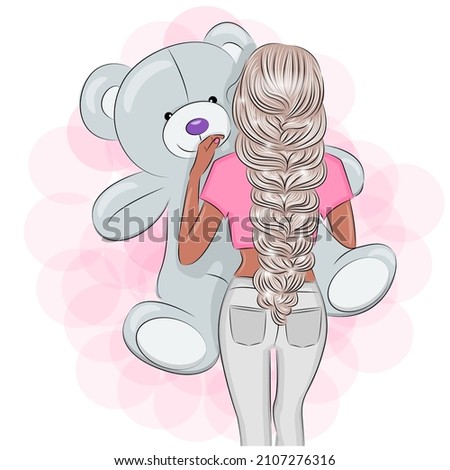 A beautiful girl holds a teddy bear in her arms. trendy, stylish drawing. print for t-shirt card or poster, Happy Women's Day Vector illustration