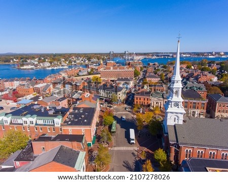 Portsmouth historic downtown aerial view at Market Square with historic buildings and North Church on Congress Street in city of Portsmouth, New Hampshire NH, USA. Royalty-Free Stock Photo #2107278026