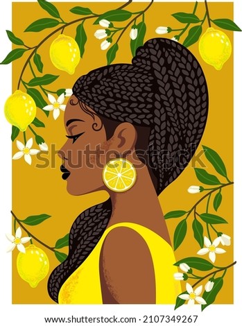 Beautiful black girl with braided hairstyle. Portrait of young african woman with blooming lemon tree. Vector illustration in flat style