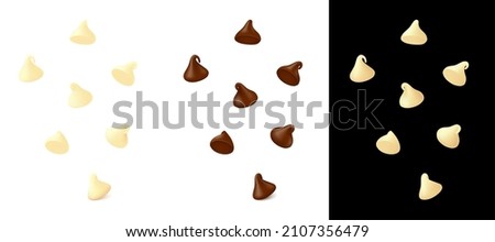 Falling down milk and white chocolate chips. Realistic vector illustration.  Royalty-Free Stock Photo #2107356479