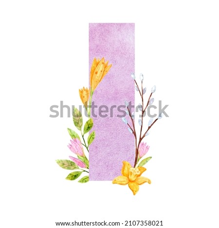 Watercolor composition from the letter I with floral elements tulips and twigs for the design and decoration of texts, congratulations, scrapbooking, invitations