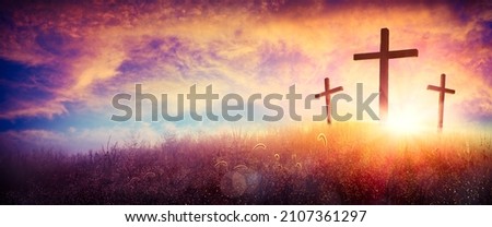 Three Crosses On A Hill At Sunset - Crucifixion Of Jesus Christ