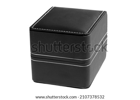 black leather box with stitched stitching and rounded corners for jewelry gifts and wrist watch accessories, object isolated on white background without label, nobody.