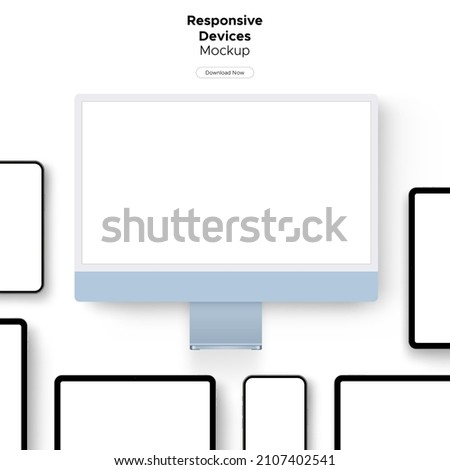 Responsive Devices Mockup for Showcasing Web Site or App Design. Computer Monitor, Tablet, Smartphone. Vector Illustration