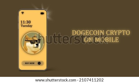 3D phone with Dogecoin. Crypto currency, Doge Crypto on Mobile. Banner.