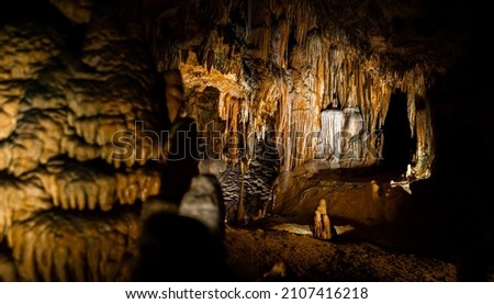 Dripstone in the Luray Cavern in Virginia USA. The picture shows stalactites as well as stalacmites.