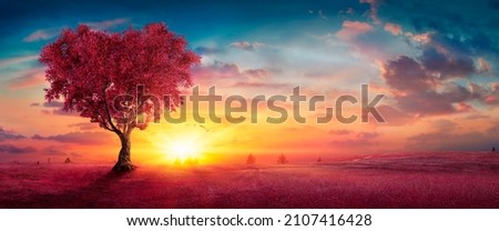 Heart Tree - Love For Nature - Red Landscape At Sunset Royalty-Free Stock Photo #2107416428