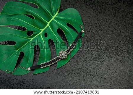 black background with green leave and necklace