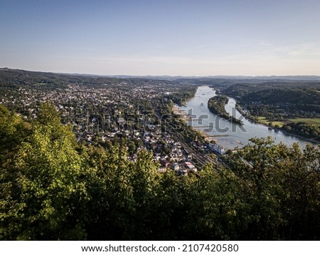 Panoramic view from Drachenfels mountain. Bad Honnef city and river Rhine visible