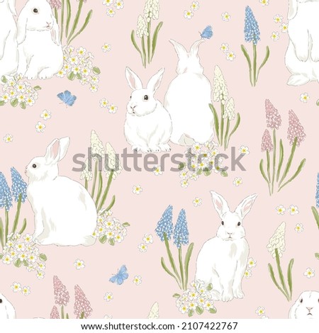 Cute bunny in Spring Bloomy garden with Hyacinth florals and blue butterfly vector seamless pattern. Vintage romantic nature hand drawn print. Cottage core aesthetic background. Royalty-Free Stock Photo #2107422767