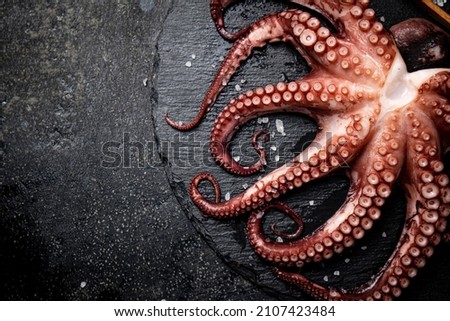 Fresh octopus on a stone board. On a black background. High quality photo Royalty-Free Stock Photo #2107423484