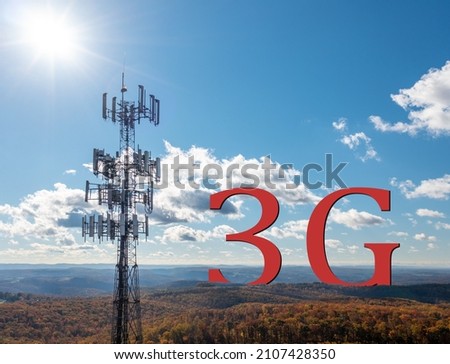 End of life or shutdown for 3rd generation or 3G cell mobile networks illustrated with 3G sinking below rural horizon behind tower Royalty-Free Stock Photo #2107428350