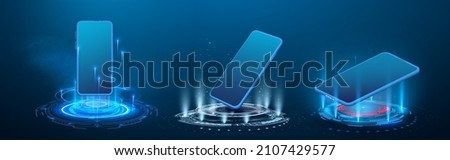 HUD, GUI futuristic portal, hologram. Abstract digital user interface technology. Smartphone hangs in the air. Realistic phone with blank screen. Smartphone perspective view with blank screen. Vector Royalty-Free Stock Photo #2107429577