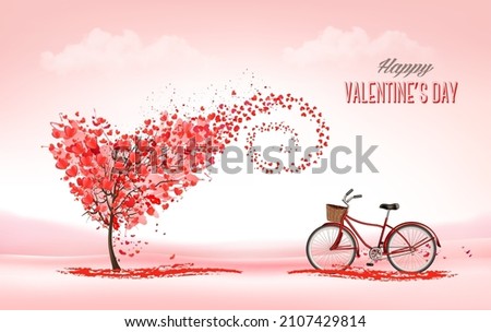 Valentine's Day holiday background with heart shape tree with heart-shaped leaves and bicycle. Concept of love. Vector