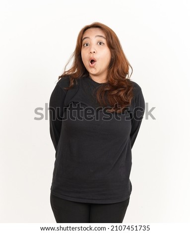 WOW face Of Beautiful Asian Woman Wearing Black Shirt Isolated On White Background