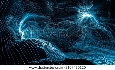 Abstract wave of digital weave lines connecting network dots and dark background . Modern 3D mesh pattern design geometric showing futuristic computer science technology concepts . Royalty-Free Stock Photo #2107460120