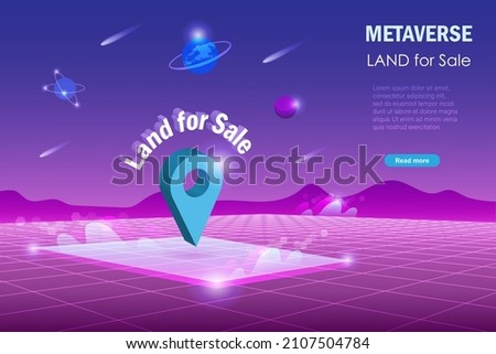 Metaverse land for sale, digital real estate and property investment technology.  Virtual reality land for sale with pin point in cyber space futuristic environment background. Royalty-Free Stock Photo #2107504784