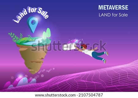 Metaverse land for sale, digital real estate and property investment technology. Man buy virtual reality land for sale in cyber space futuristic environment background. Royalty-Free Stock Photo #2107504787