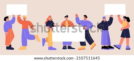 People with placards and banners protest on rally demonstration or strike. Characters holding empty signs fighting for their rights, activists crowd picketing on riot Line art flat vector illustration Royalty-Free Stock Photo #2107511645