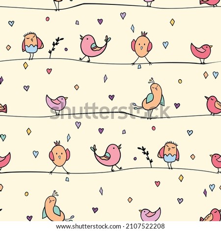 Seamless pattern with funny colorful birds sitting on wires. Color flat vector illustration with little cartoon bird. Cute characters. Template design for invitation, flyer, textile, fabric for kids.