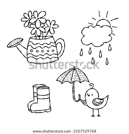 Hand drawn spring doodle. Watering can, umbrella, bird, tweet with umbrella in sketch style. Stock vector black and white seasonal set illustration.