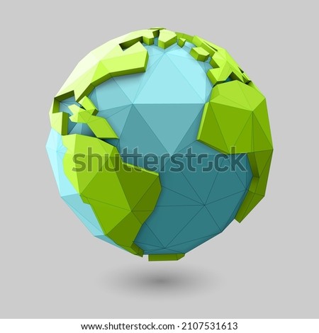 Low poly style earth globe. World globe illustration with green polygonal geometric map of the land. Vector 3D polygon planet icon design.