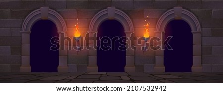Ancient classic architecture with arches, wall from stone bricks and burning torches. Vector cartoon illustration of old castle, palace or temple facade with granite blocks and arcade at night