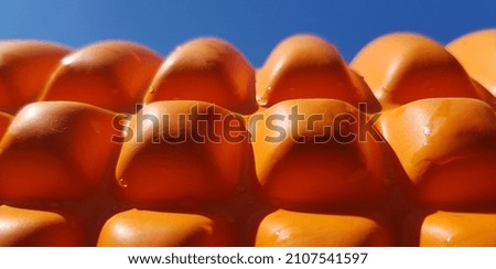Orange yoga roller in drops of water in the sun in a clear blue sky (macro, side view, texture).