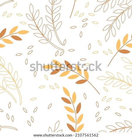 Seamless pattern with rice plants and seeds on white background vector illustration.