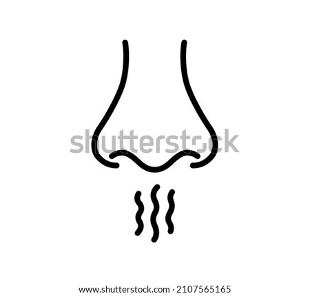 Nose and breath icon. Nasal breathing. Human organ of smell. Unpleasant smell. Nose inhales fragrance outline icon. Vector illustration in line style on white background. Editable stroke.