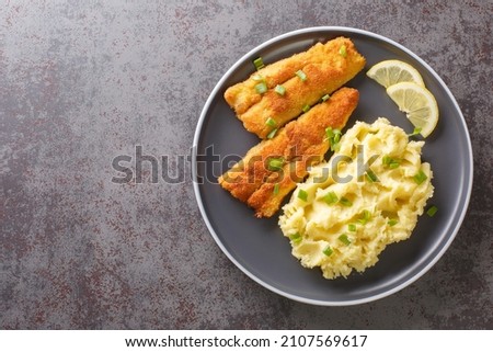 Sea fish fillet fried in breadcrumbs and a side dish of mashed potatoes close-up in a plate on the table. horizontal top view from above
